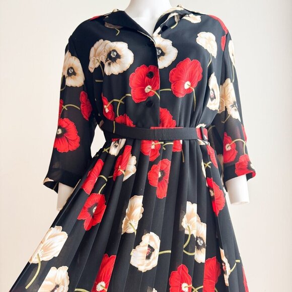 Vintage Allaird s Black Red Ivory Floral Belted Pleated Midi Dress M - Picture 5 of 11